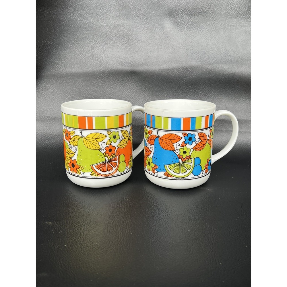 VTG 70's Coffee Cup Mugs ~ Retro Orange Green Blue Stripes Fruit Flowers ~ Set 2